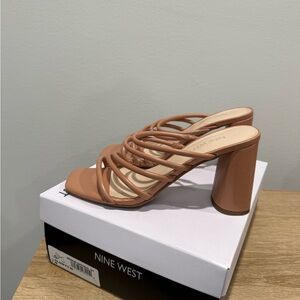 Nine West Strappy Block Heel Mules in Tan